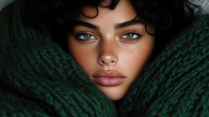 Close-up of a woman draped in a deep emerald green knit shawl, showcasing her natural beauty.  Her expressive eyes and soft complexion draw the viewer in