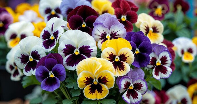 A closeup of stunning vibrant pansy flowers arranged in a bouquet with a blurred background.
