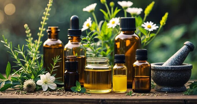 Apothecary idea, herbs and floral natural organic essential oils for wellness. Alternative medicine. Aromatherapy, pharmaceuticals, creating homemade plant-based cosmetic products.