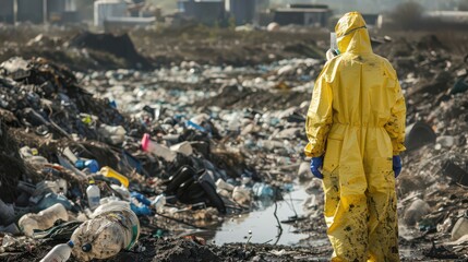 Environmental Audit - Environmental safety officer inspecting waste disposal practices at a factory 