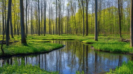 Spring forest stream reflection, sunlit trees, tranquil nature scene, ideal for eco-tourism brochures