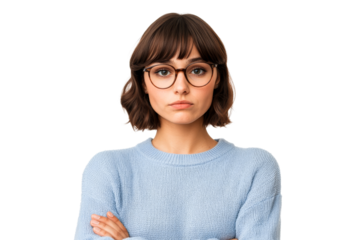 Young woman wearing glasses crosses her arms, cut out transparent
