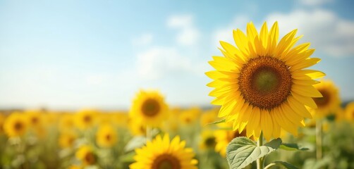 Fototapeta premium Bright yellow sunflower field on a sunny day against blue sky with white clouds. Summer background, nature landscape, agriculture, farm, rural idyll. Horizontal banner.