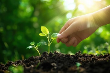 Hand tenderly touching young plant sprouts in soil with sunlight in background