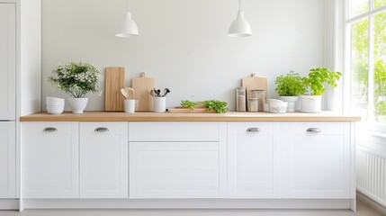 Bright, modern kitchen with a clean, minimalist aesthetic.  Wooden countertops with plants and utensils displayed