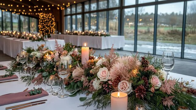 Elegant wedding reception setup with floral decorations and intimate lighting in a glass venue by the lakeside