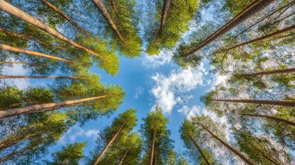 Obraz premium Upward view, pine forest, blue sky, clouds, nature