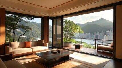 Fototapeta premium A hotel suite with contemporary furniture and panoramic city views.
