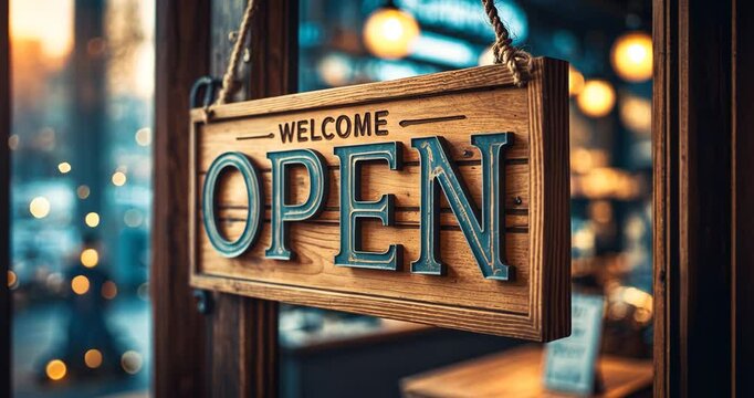 A business sign indicating open at a caf&eacute; or restaurant hanging on the door at the entrance. Vintage tone style.