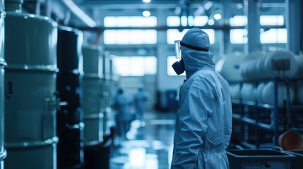 Obraz premium Environmental Health and Safety Regulations - Safety manager ensuring factory workers follow environmental safety rules