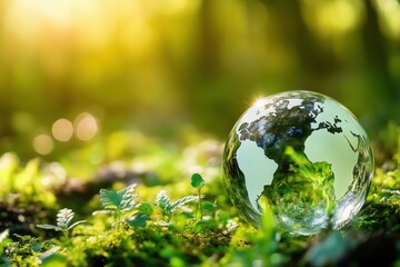 Glass Globe with Green Earth and Sprout on Moss for World Environment Day Concept