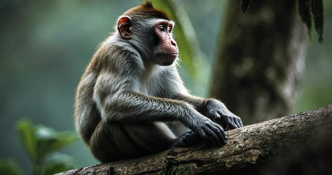 A Roloway Monkey perched on a tree in the rainforest.
