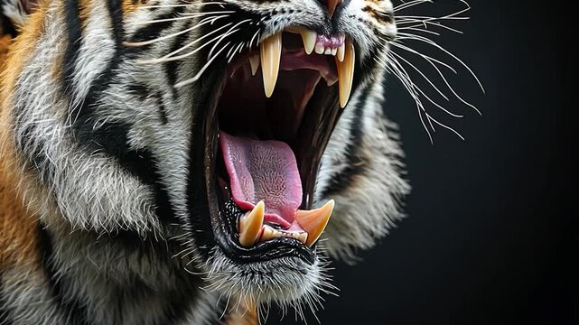 Fierce tiger roaring with bared teeth against a dark background