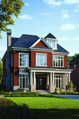 Beautiful two-story brick house with a modern design and spacious front yard, surrounded by greenery in a peaceful neighborhood during a sunny afternoon