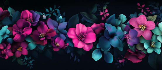 Fototapeta premium flowers on a black background, with a color palette of pink, purple, blue, and green.