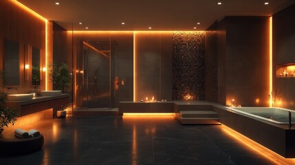 Modern luxurious bathroom with warm lighting and spa-like features
