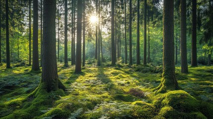 Obraz premium Sunlit mossy forest floor, tall trees, peaceful sunrise, nature background, eco-tourism