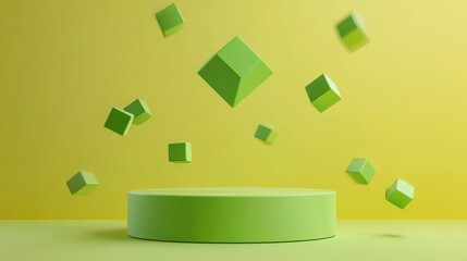 Abstract Geometric Display Platform; Floating Shapes on Yellow Background; Product Presentation; 3D Modeling