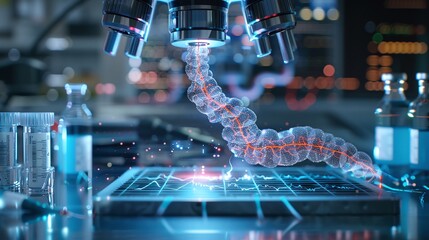 Fototapeta premium Futuristic Scientific Microscopic Molecular Research in Advanced Biotech Laboratory with Digital Network and Data Analysis for Medical and Healthcare Progress and Discovery