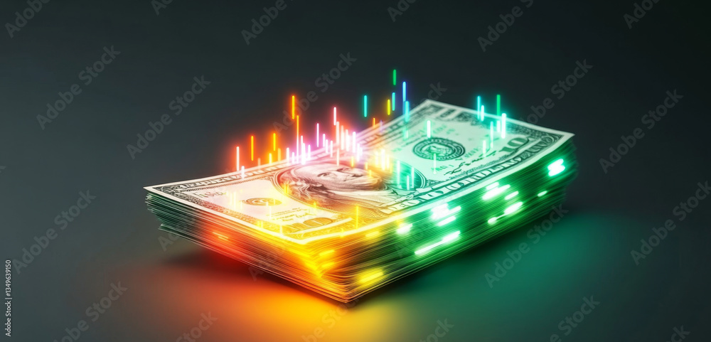 Poster money is stacked in an artistic arrangement, illuminated by colorful digital bars representing growt