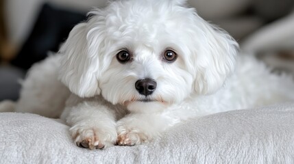 Fluffy white dog resting on a soft surface