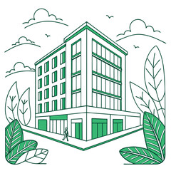 Green city landscape with buildings trees and roads in a vector illustration