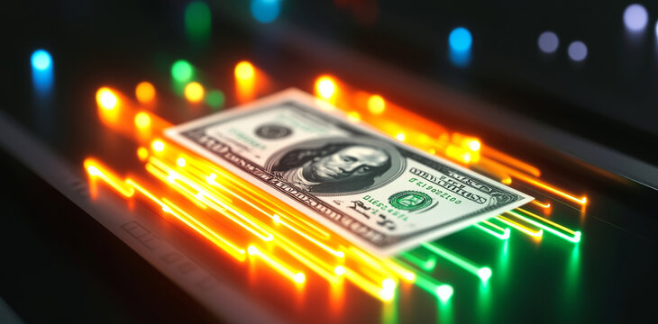 A dollar bill rests on a digital interface with colorful lights representing growth and stability. This setting highlights the connections between trust, assets, and financial portfolio development.