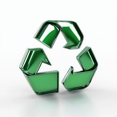 Glossy green recycle symbol with circular arrows on white background, symbolizing sustainability and environmental responsibility. Perfect for eco-friendly branding, conservation, and awareness design