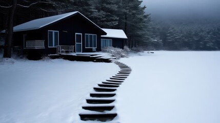 Snowy winter cabin by a frozen lake.  Wooden steps wind through the pristine snow