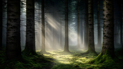 Mystical foggy forest with sun rays piercing through tall pine trees in the morning