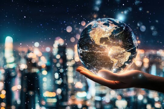 Globe in Hand over City Lights: Concept of Global Connectivity and Technology
