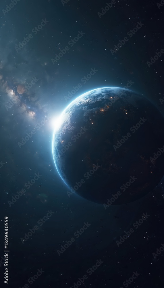 Poster stunning planet partially illuminated by the sun with background of stars. captures beauty mystery o