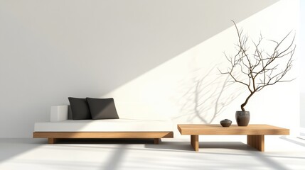 A modern minimalist sofa with sleek lines in a bright white space.