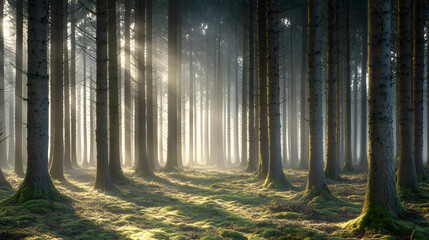 Dark foggy forest with a mysterious ambiance and deep green foliage