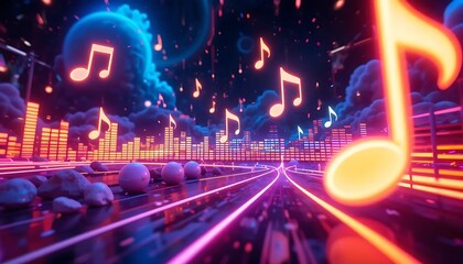 Bright Musical Vibes with Neon Notes and Colorful Background for Creative Design and Artwork