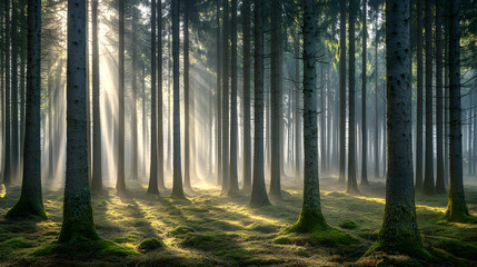 Obraz premium Eerie fog-covered forest with towering trees and soft diffused light