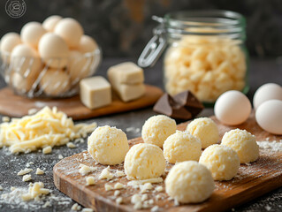 Fototapeta premium Food photography of cheese balls with eggs and melted Gruyère cheese on the table.