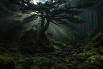 Mystical forest, sunbeams, ancient tree