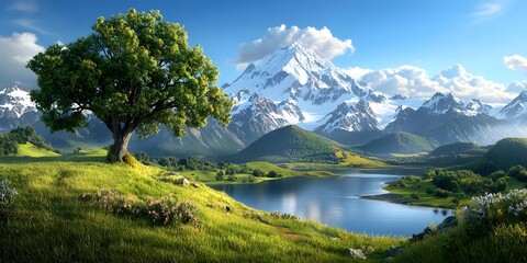 Naklejka premium Breathtaking panoramic view of a snow capped mountain range reflected in a serene alpine lake surrounded by a lush green meadow and a solitary tree