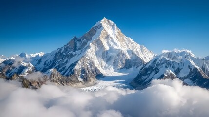 Towering snow covered mountain peak rising above a vast pristine landscape of glaciers and clouds against a clear blue sky