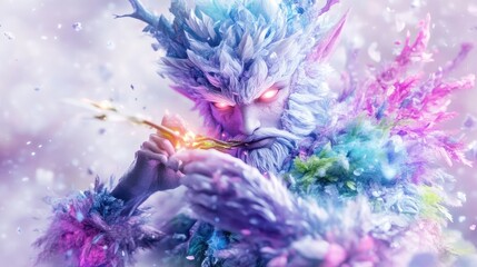 Fototapeta premium Crystalline winter spirit, playing a magical flute, surrounded by shimmering snow