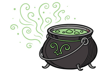 14 Magical cauldron, green glowing potion, swirling mist, black ceramic pot, ornate handles, bubbling liquid, eerie atmosphere, fantasy alchemy, vibrant neon green, dark contrasts, mysterious brew, hi