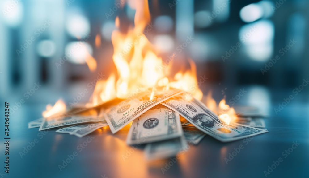 Poster currency is engulfed in flames on a reflective surface, representing wasted financial resources and 