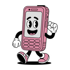 Cartoon illustration of retro mobile phone character with a happy face, arms, and legs, walking cheerfully