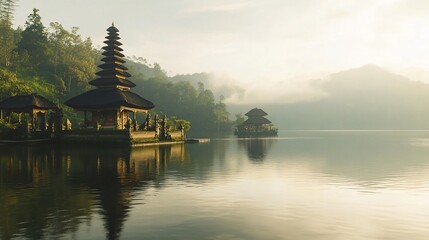 Serene sunrise at Ulun Danu temple, Bali, Indonesia; misty lake reflection