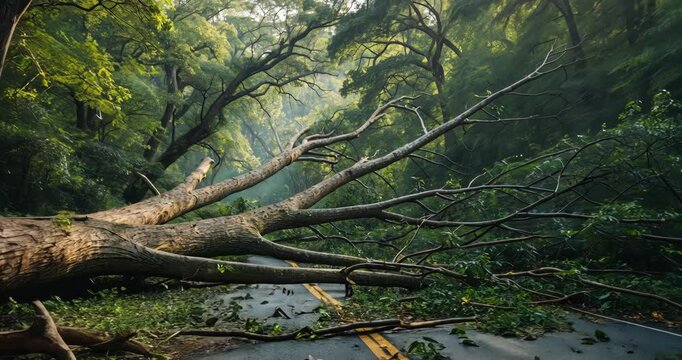 A large oak tree toppled over the road and entirely obstructed it after a gust of wind, with copy space.