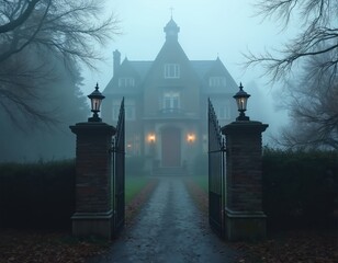 Foggy mansion with iron gate in foreground, path leads to entrance. Eerie, mysterious atmosphere. Old vintage architecture in autumn season. Creepy, dark historic estate landscape.