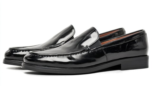 Polished black leather loafers on white background