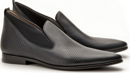 Stylish black slip-on loafers, studio shot, featuring textured leather, modern design