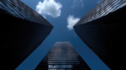 Urban skyscrapers reaching for the sky.  Modern architecture against a vibrant blue sky